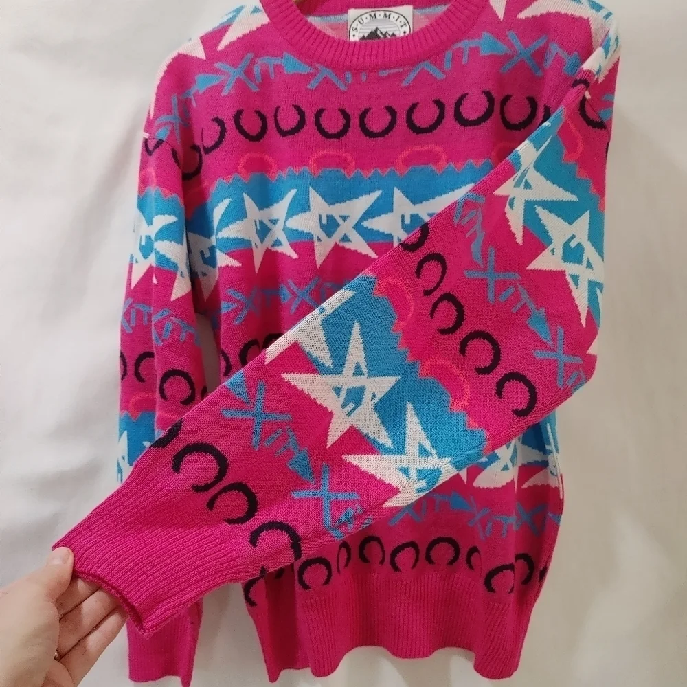Summit Country Vintage Sweater Wool Blend Pink Blue‎ Western Star Neon Ski Large - Picture 4 of 7